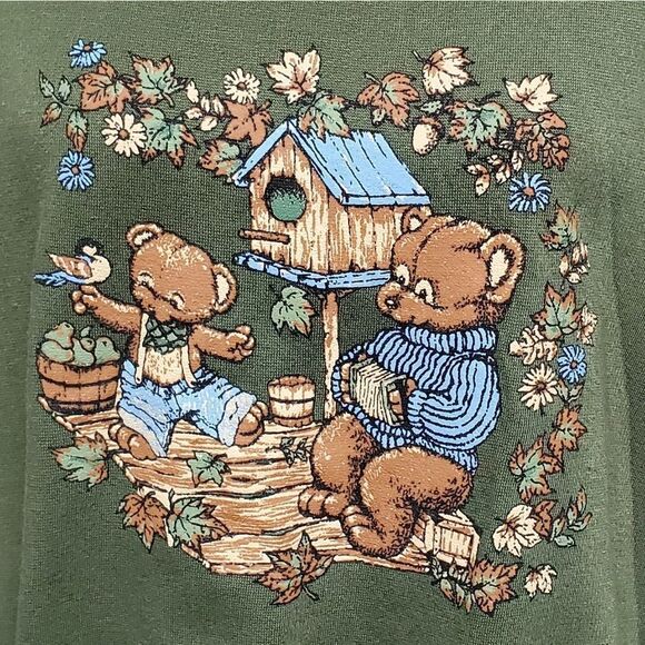 Vintage 90s Basic Editions Olive Green Teddy Bear Floral Fleece Lined Sweatshirt - Picture 4 of 11